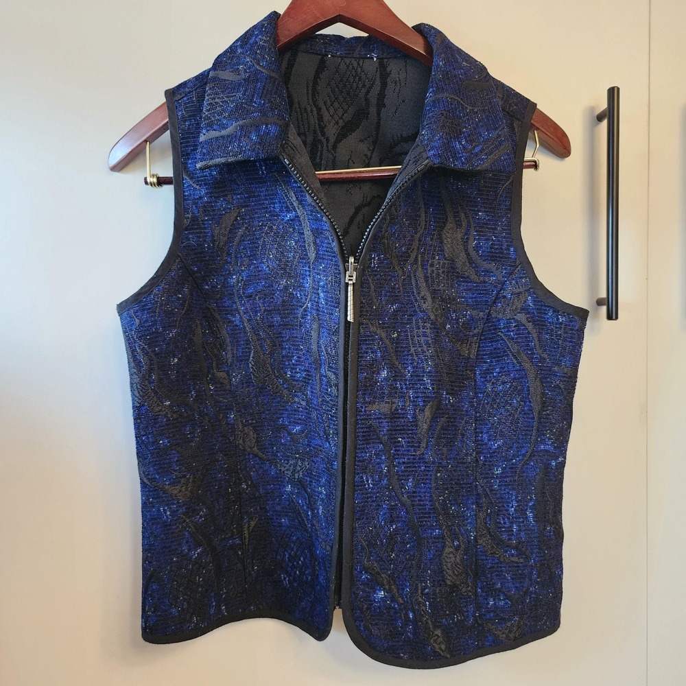 Womens Reversible Tapestry‎ Vest Blue Black Textured Zip Front Size L